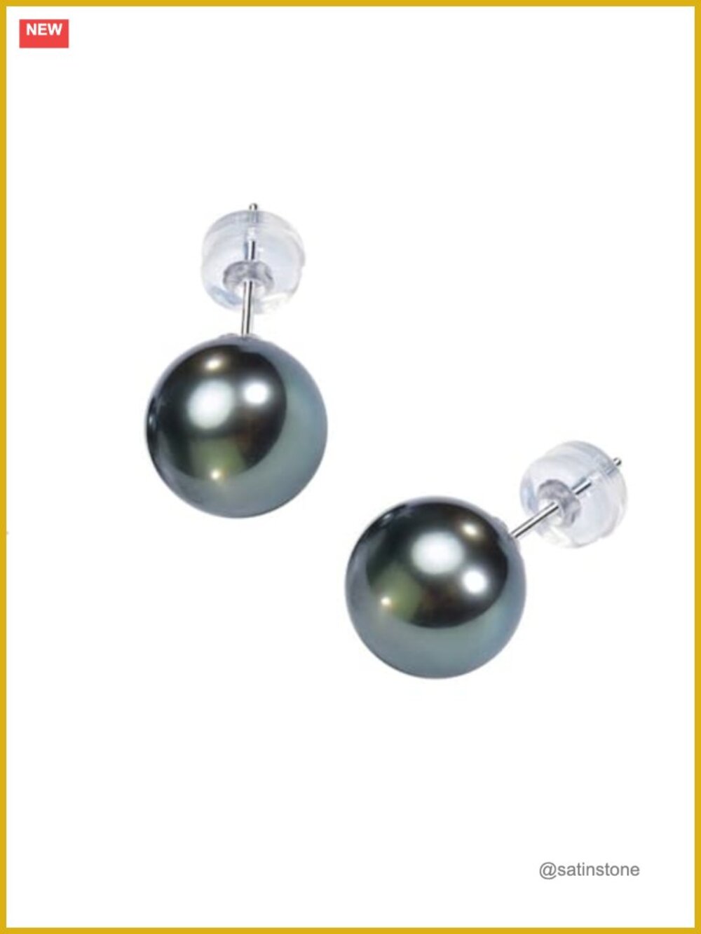 Tahitian Black Pearl Stud Earrings 9-10MM 18K White Gold Plated Sterling Silver